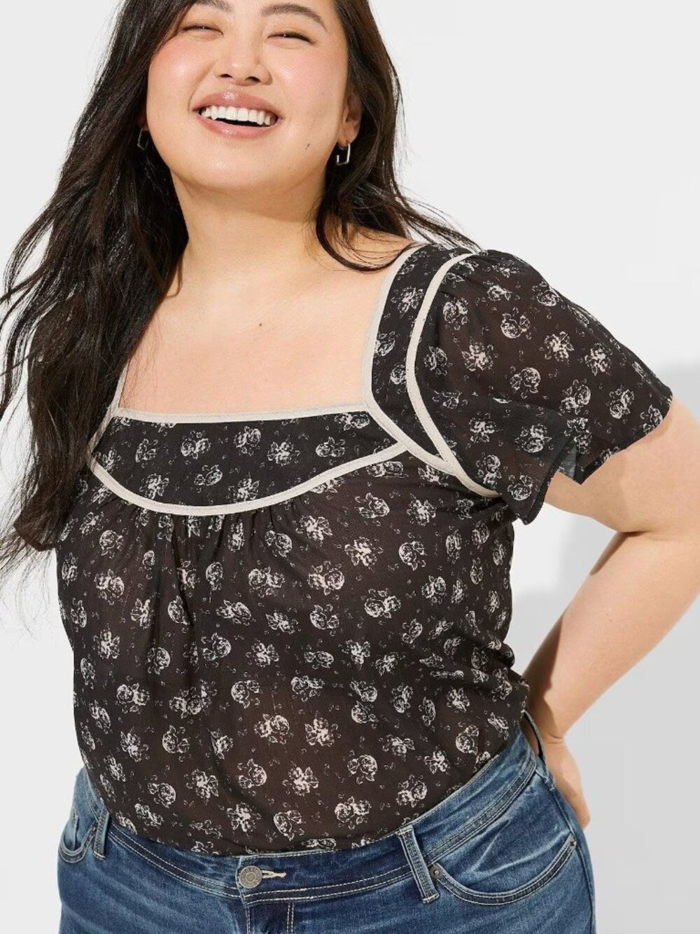 TORRID 1 Plus Size Crinkle Chiffon Flutter Sleeve Top Black Cream Floral Fall 1X